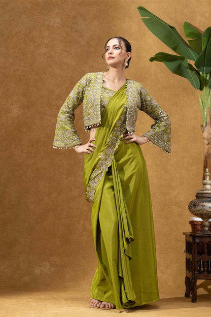 Olive Green Royale Jacket Saree Set