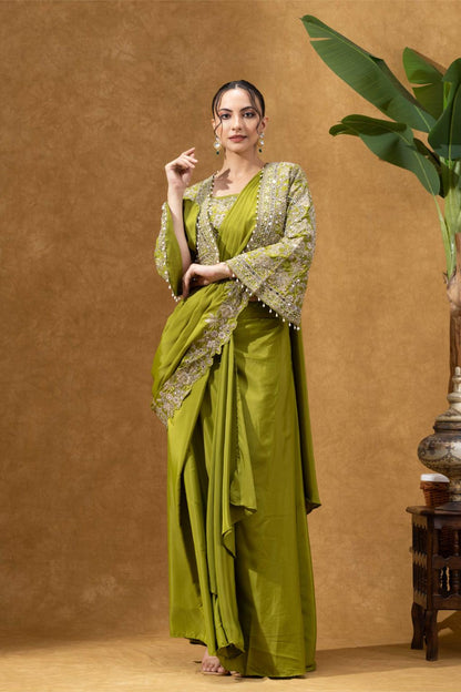 Olive Green Royale Jacket Saree Set