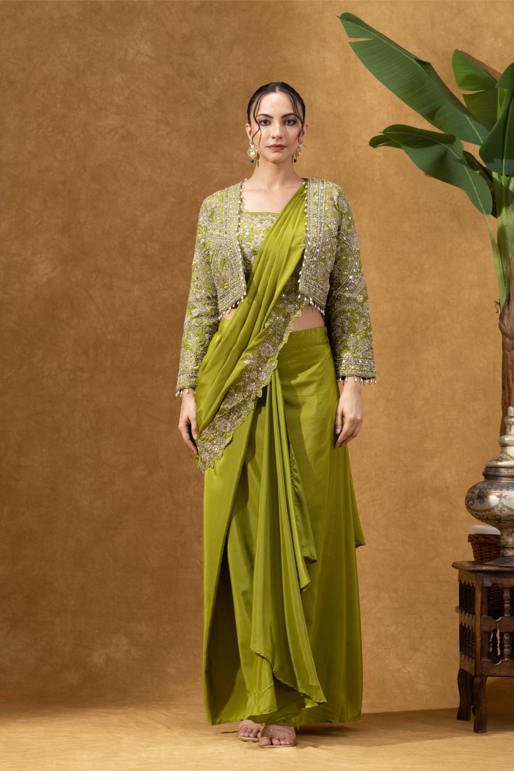 Olive Green Royale Jacket Saree Set