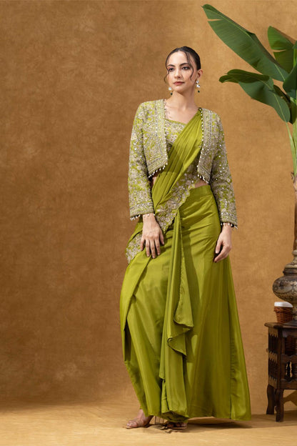 Olive Green Royale Jacket Saree Set