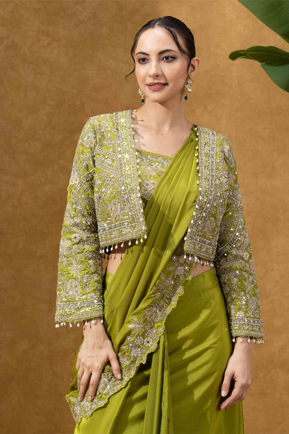 Olive Green Royale Jacket Saree Set