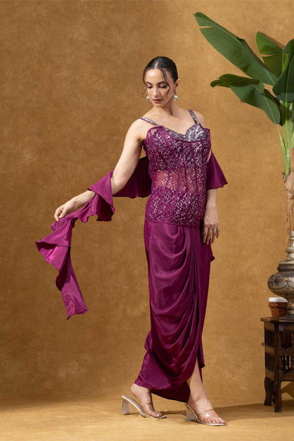 Wine Embellished Corset with Skirt Set
