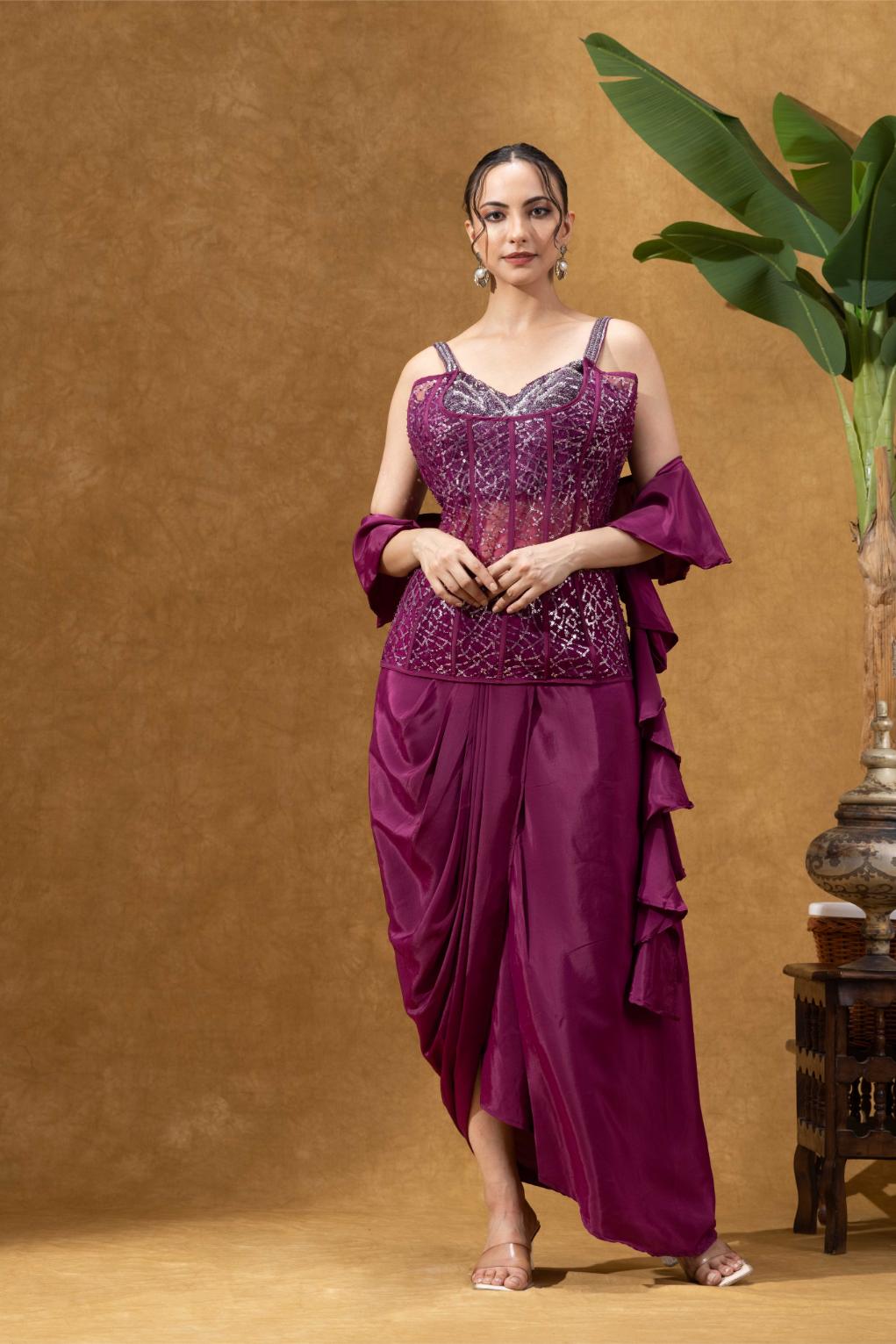 Wine Embellished Corset with Skirt Set