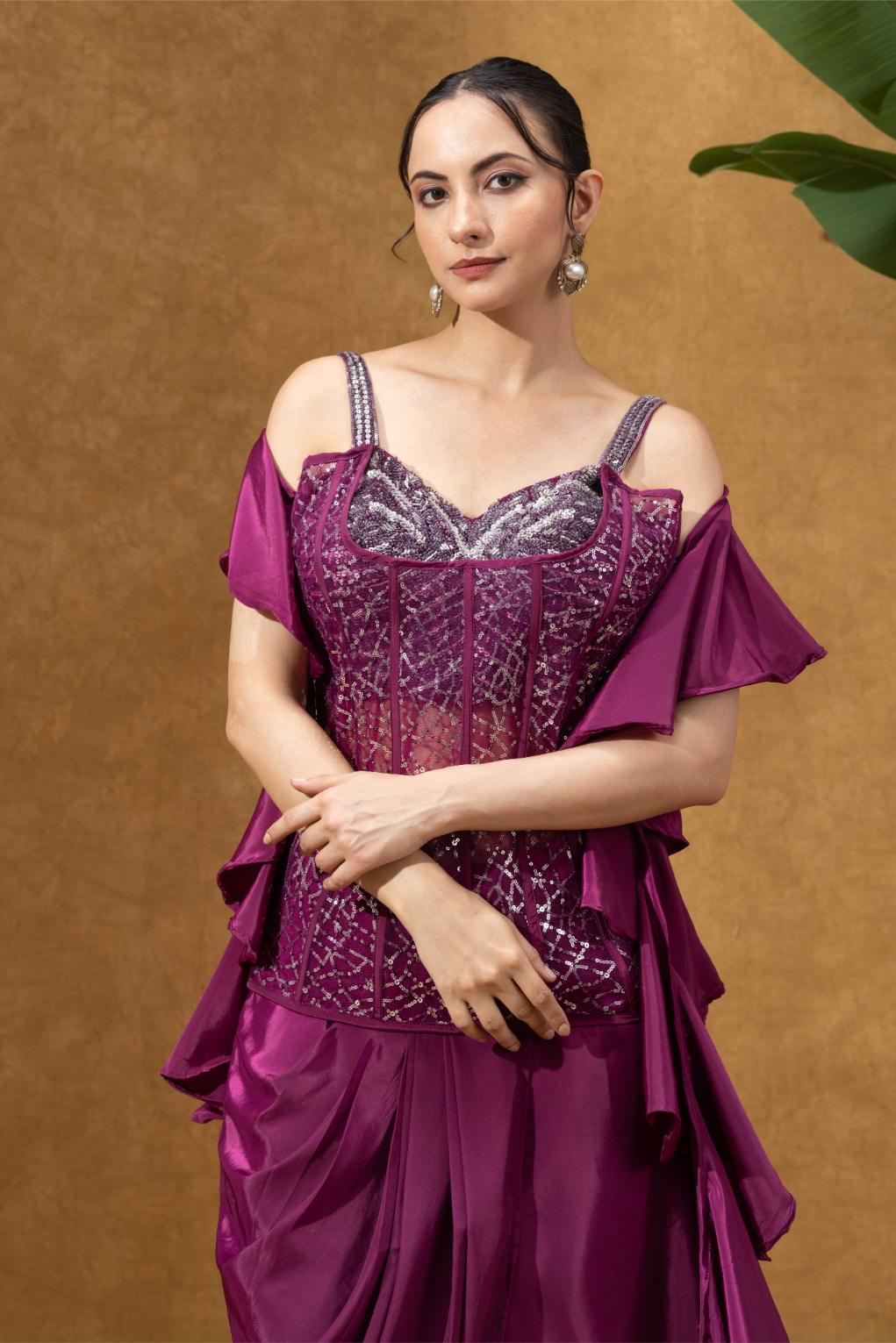 Wine Embellished Corset with Skirt Set