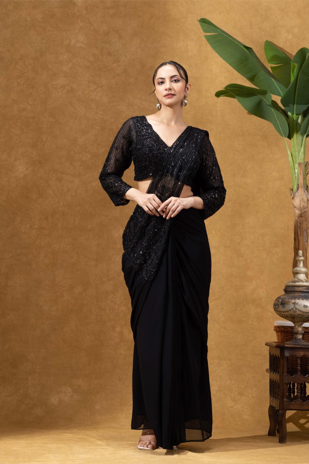 Black Hand-embellished Pre Drape Saree With Full Sleeves Blouse