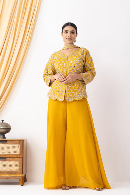 Yellow Sharara with Full Embroidered Top &amp; Choker Dupatta