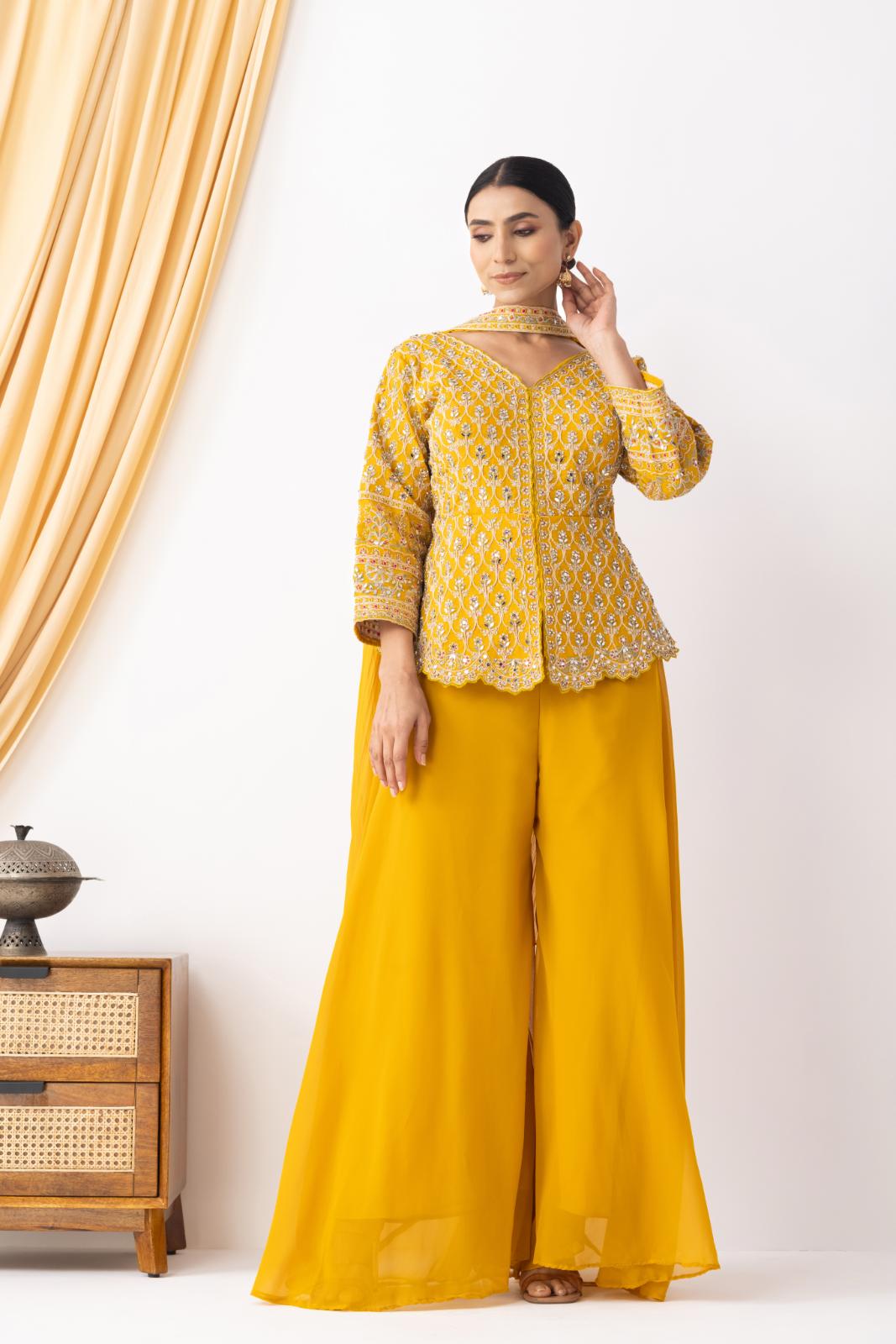 Yellow Sharara with Full Embroidered Top &amp; Choker Dupatta