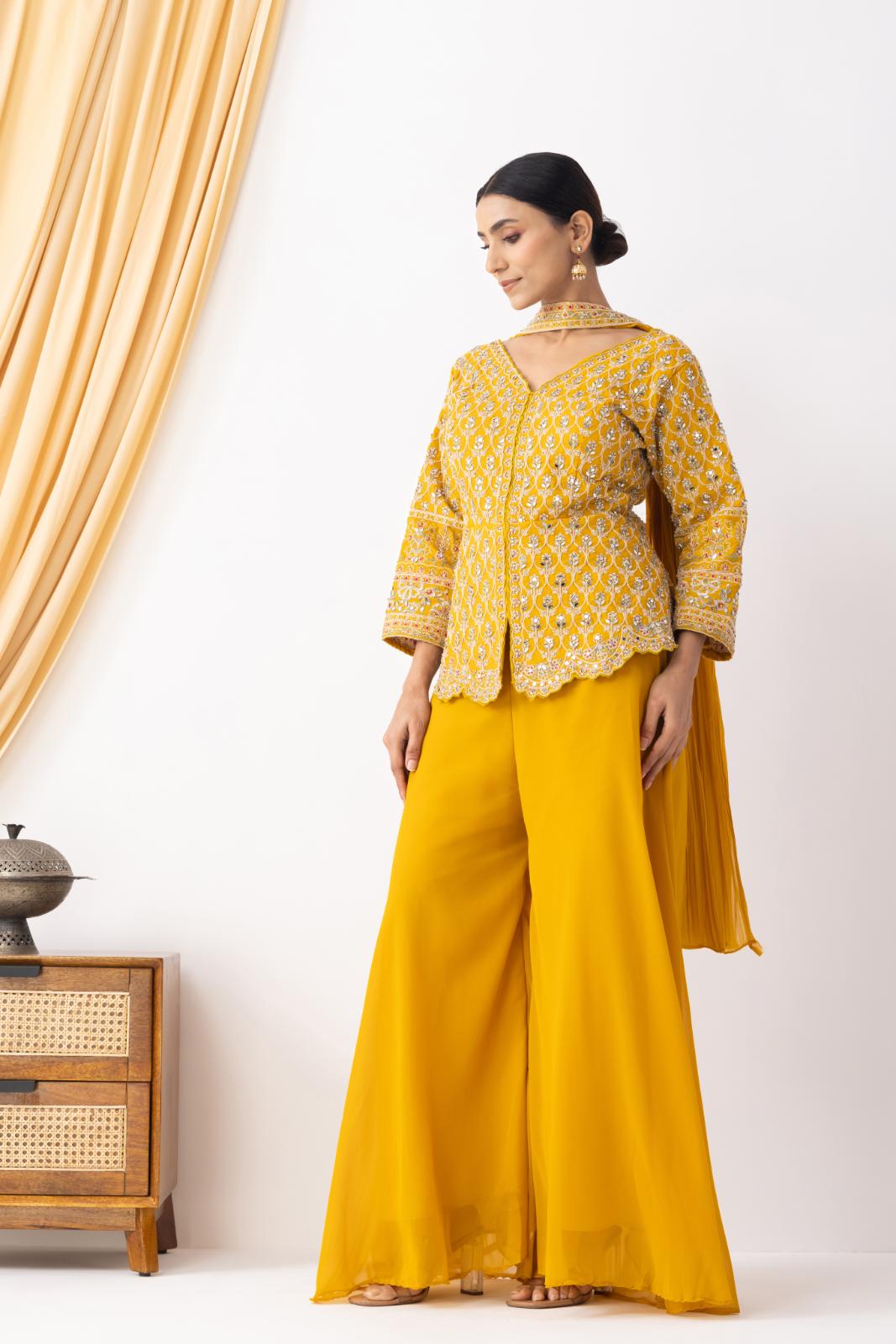 Yellow Sharara with Full Embroidered Top &amp; Choker Dupatta