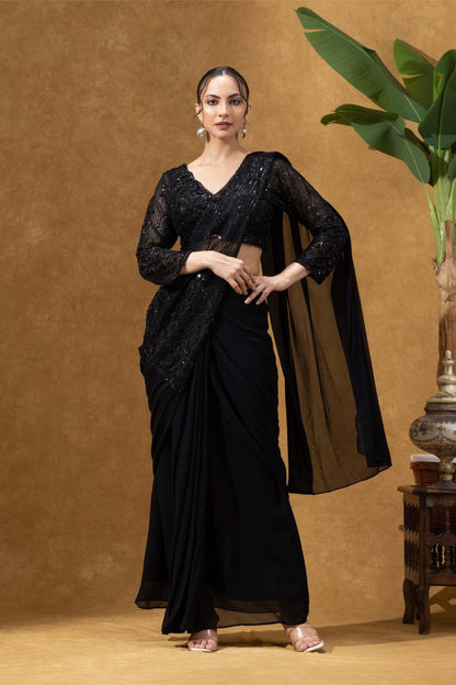 Black Hand-embellished Pre Drape Saree With Full Sleeves Blouse