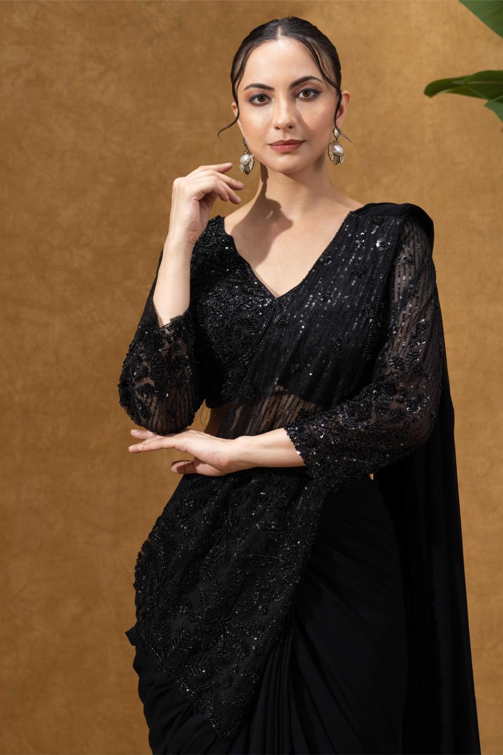 Black Hand-embellished Pre Drape Saree With Full Sleeves Blouse