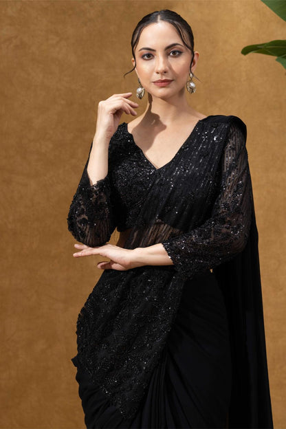 Black Hand-embellished Pre Drape Saree With Full Sleeves Blouse