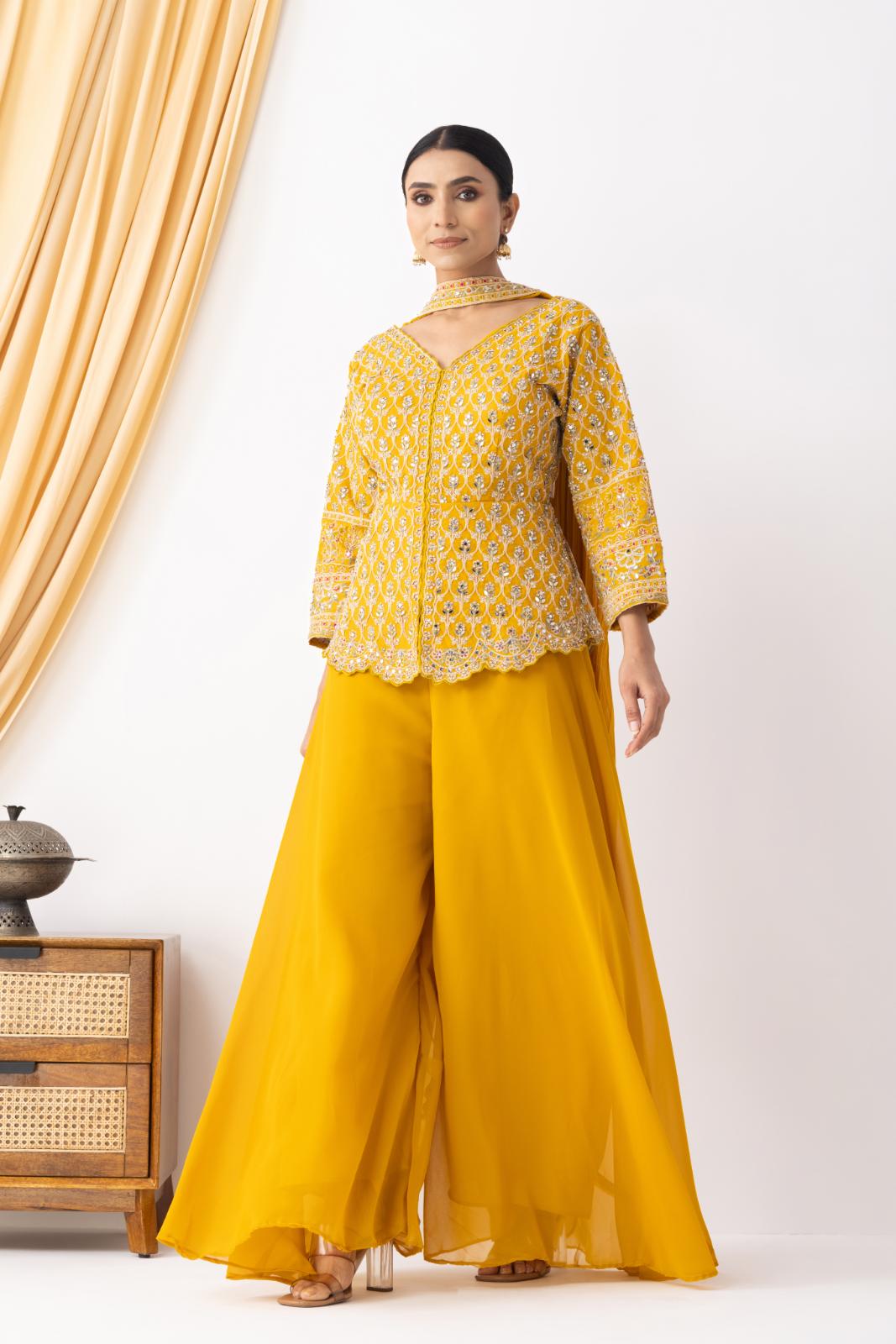 Yellow Sharara with Full Embroidered Top &amp; Choker Dupatta