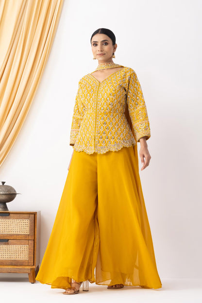 Yellow Sharara with Full Embroidered Top &amp; Choker Dupatta