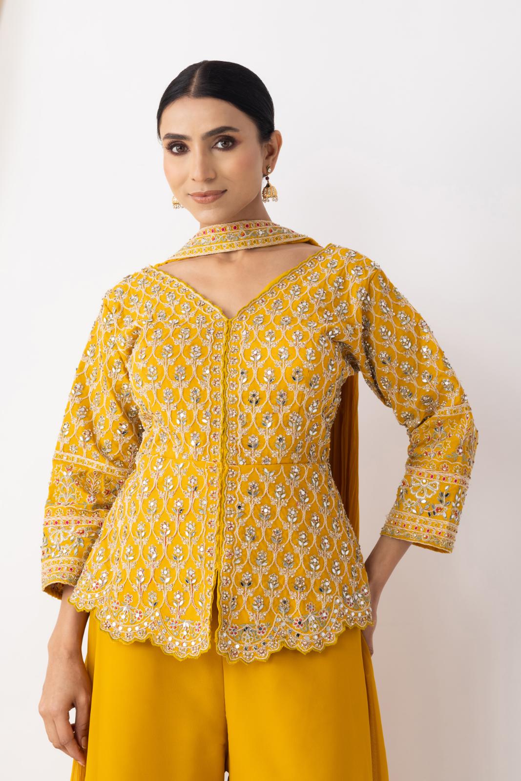 Yellow Sharara with Full Embroidered Top &amp; Choker Dupatta