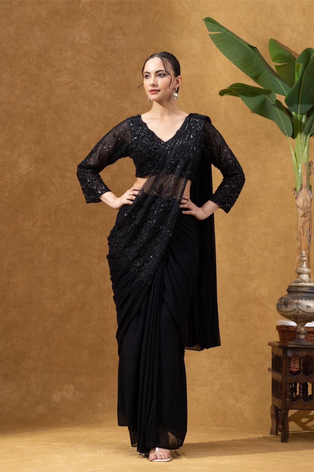 Black Hand-embellished Pre Drape Saree With Full Sleeves Blouse