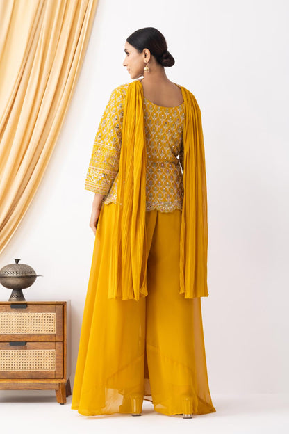 Yellow Sharara with Full Embroidered Top &amp; Choker Dupatta