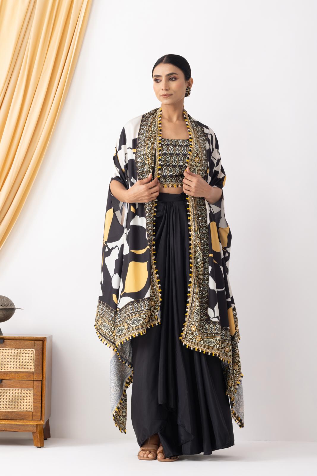 Black Drape Dhoti with Printed Cape Jacket