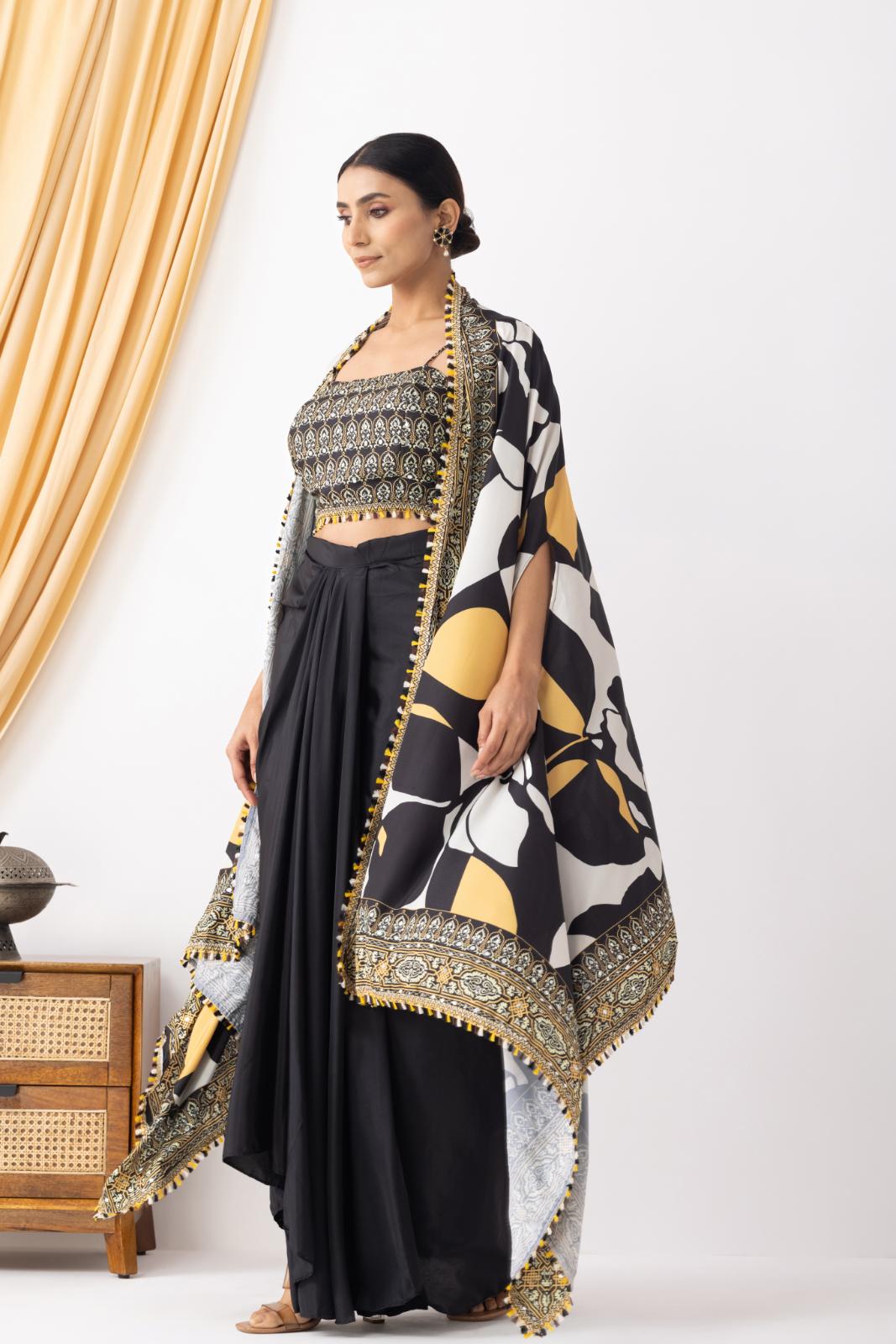 Black Drape Dhoti with Printed Cape Jacket