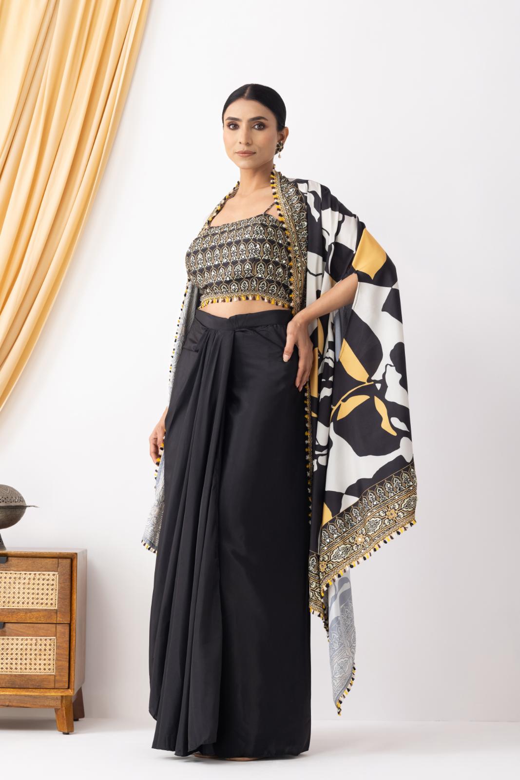 Black Drape Dhoti with Printed Cape Jacket