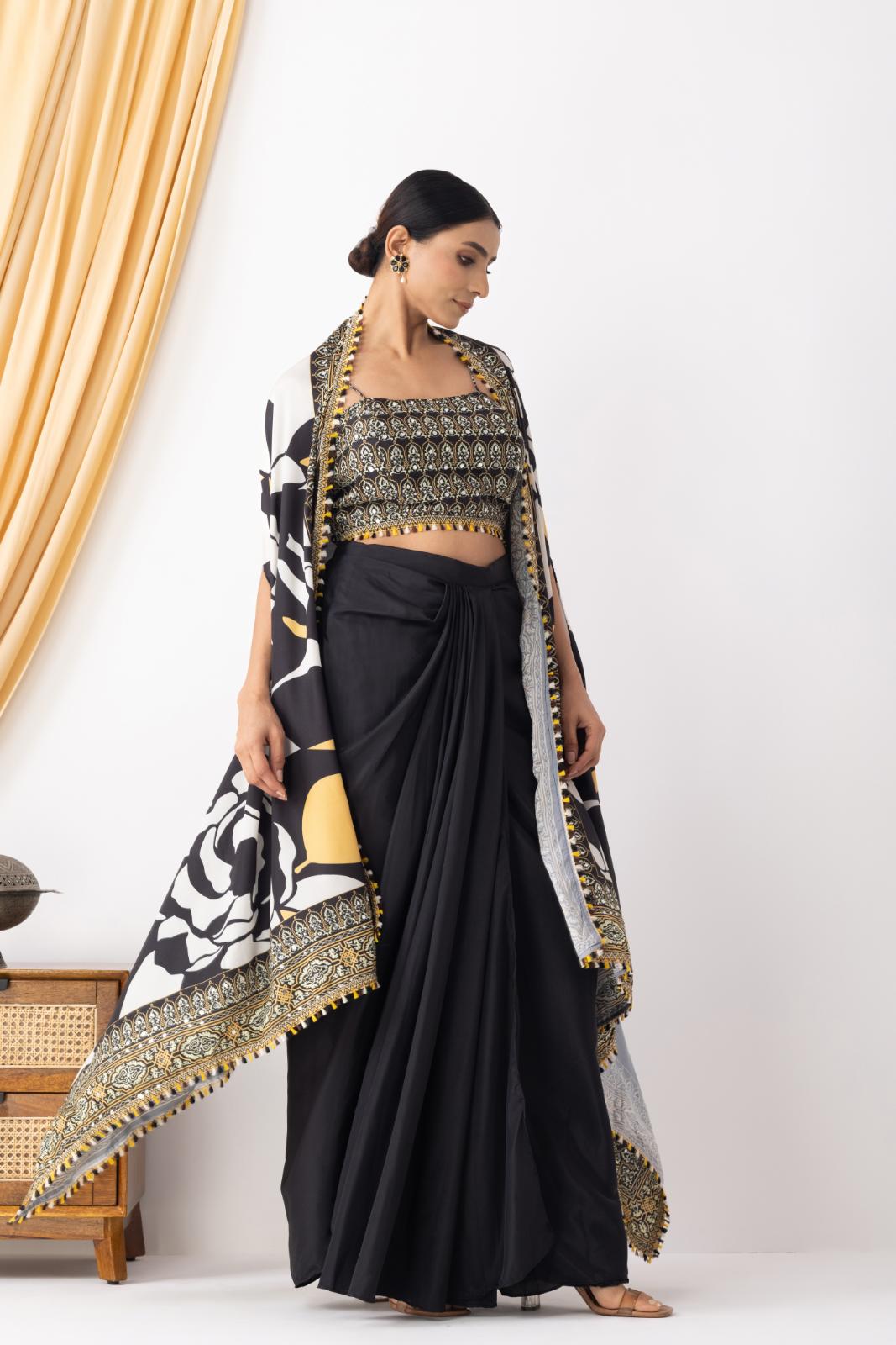 Black Drape Dhoti with Printed Cape Jacket