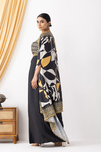 Black Drape Dhoti with Printed Cape Jacket