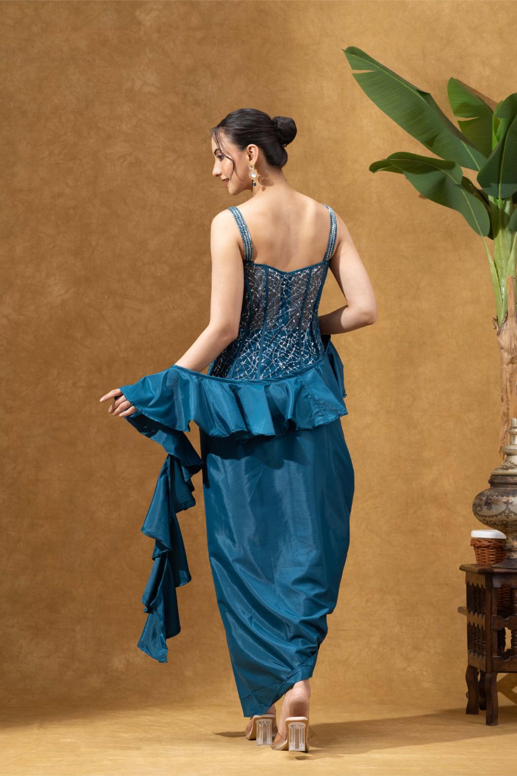 Teal Embellished Corset Set with Skirt &amp; Dupatta