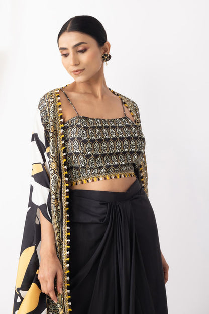 Black Drape Dhoti with Printed Cape Jacket