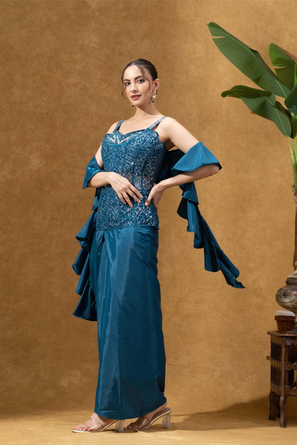 Teal Embellished Corset Set with Skirt &amp; Dupatta