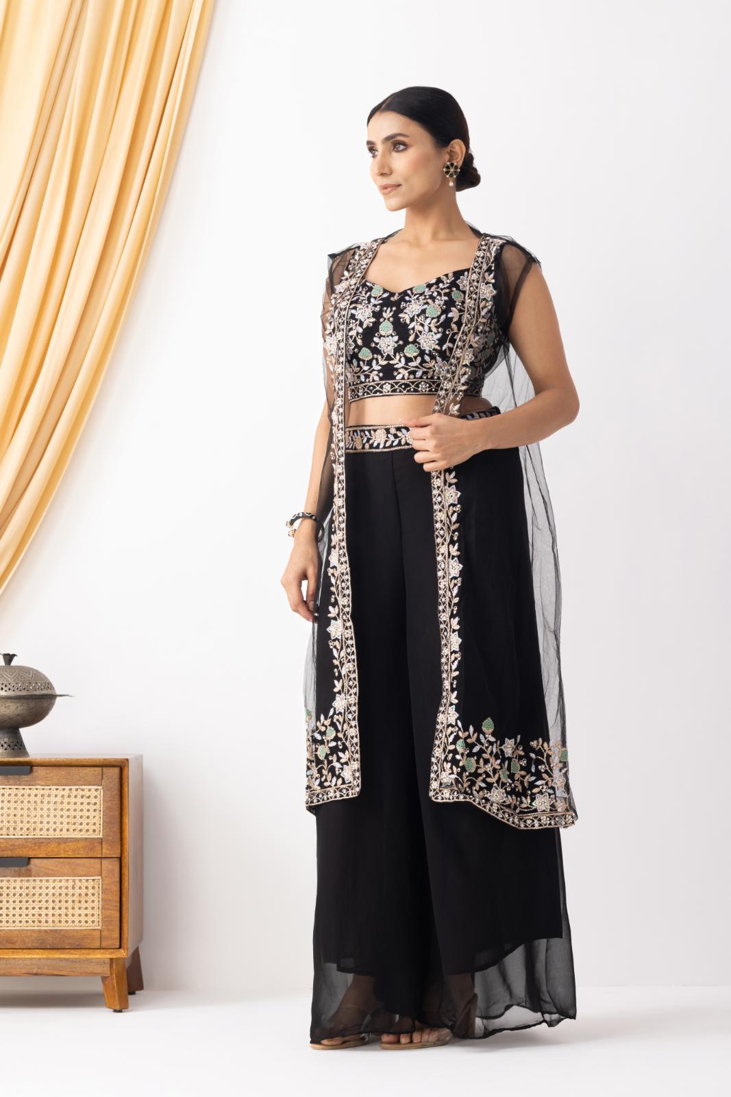 Black Embroidered Crop Top &amp; Sharara Set