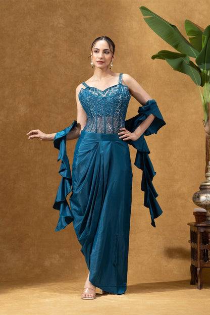 Teal Embellished Corset Set with Skirt &amp; Dupatta