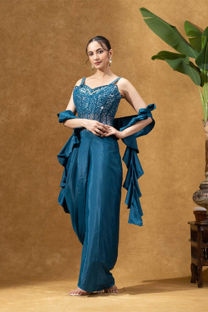 Teal Embellished Corset Set with Skirt &amp; Dupatta