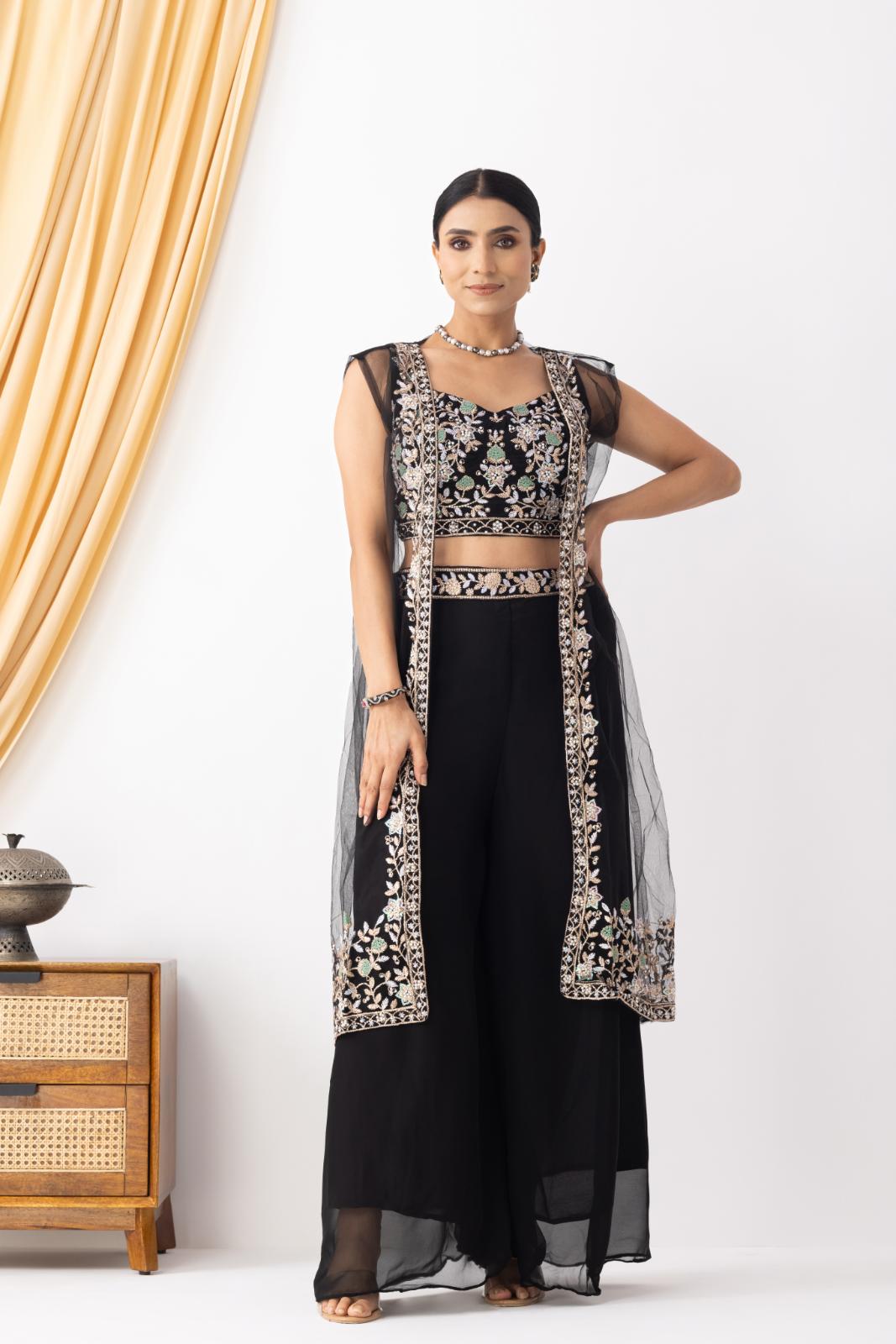 Black Embroidered Crop Top &amp; Sharara Set