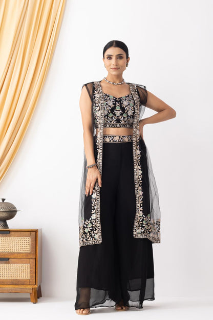 Black Embroidered Crop Top &amp; Sharara Set