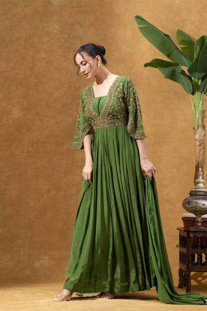 Green Embroidered Anarkali Gown