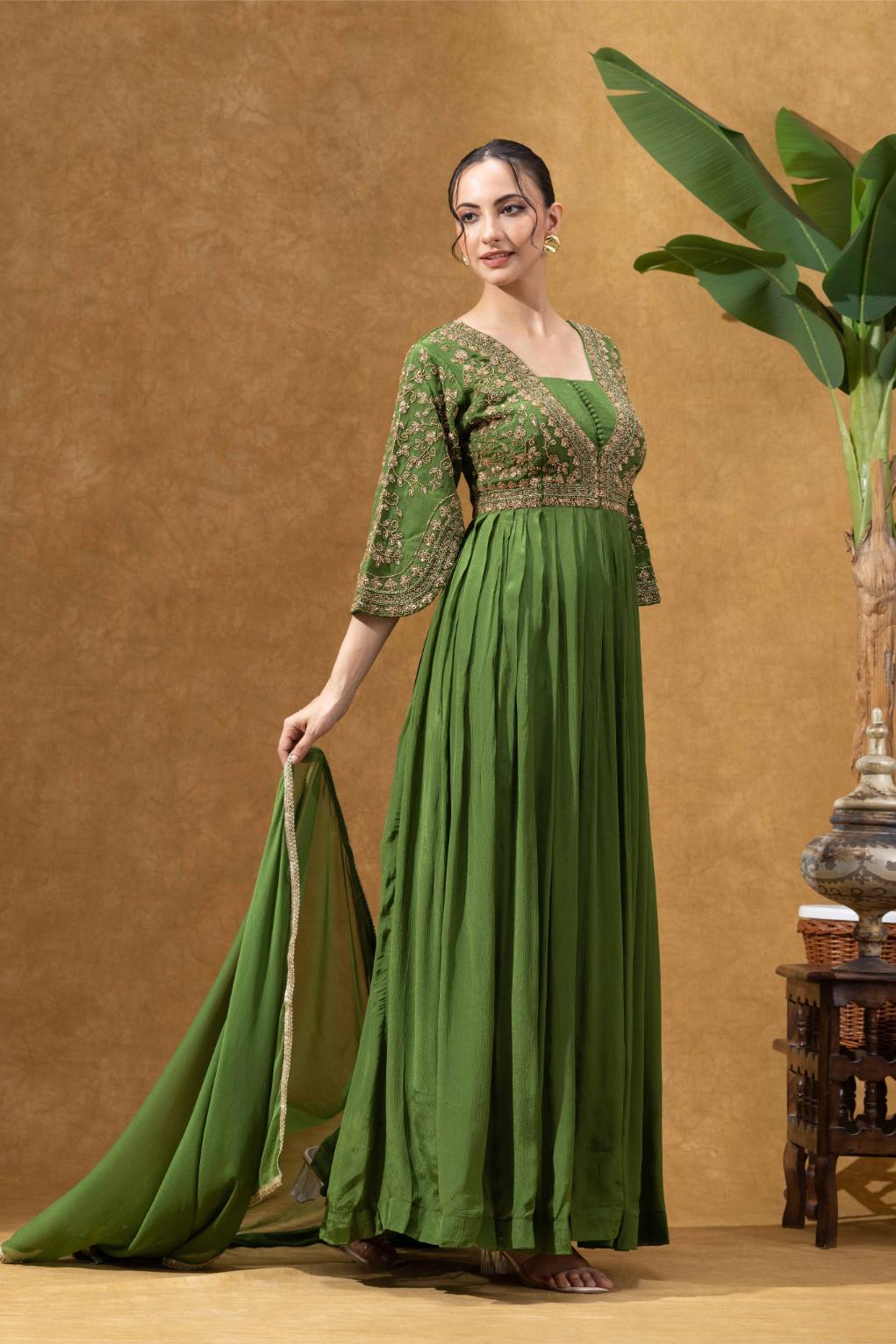 Green Embroidered Anarkali Gown