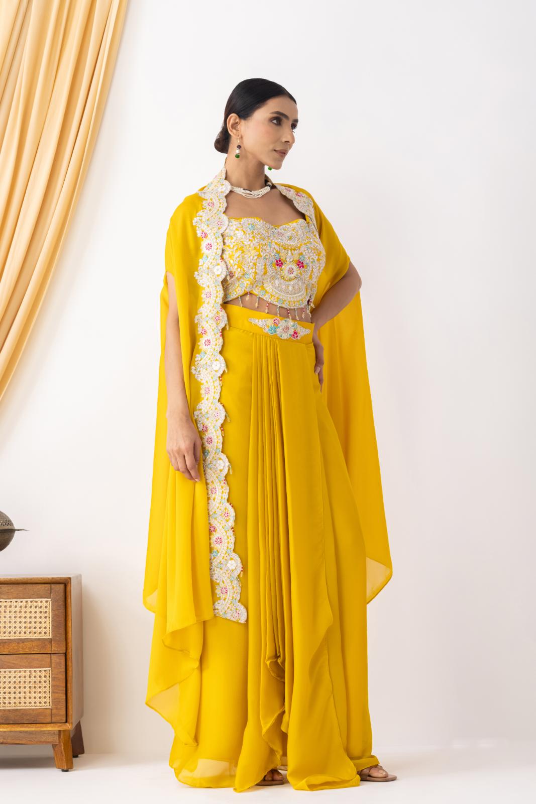 Yellow Draped Fusion Set with Cape Sleeves and Embroidered in Ivory