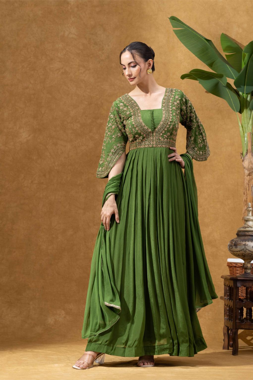 Green Embroidered Anarkali Gown