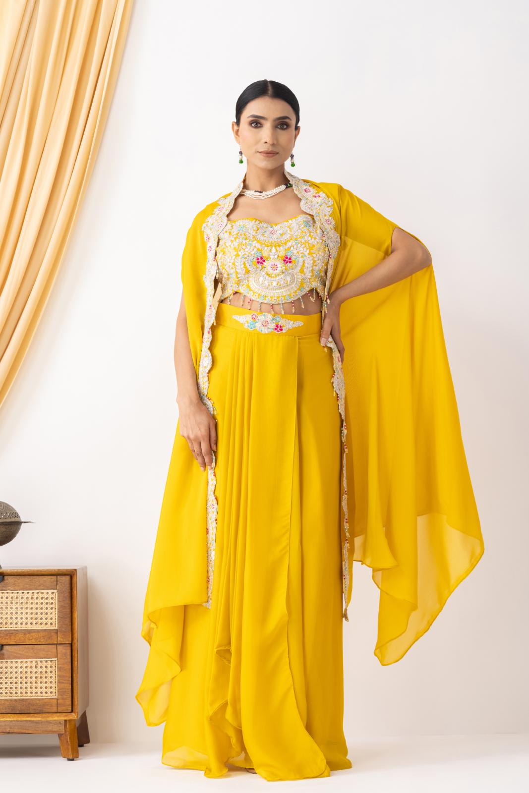 Yellow Draped Fusion Set with Cape Sleeves and Embroidered in Ivory