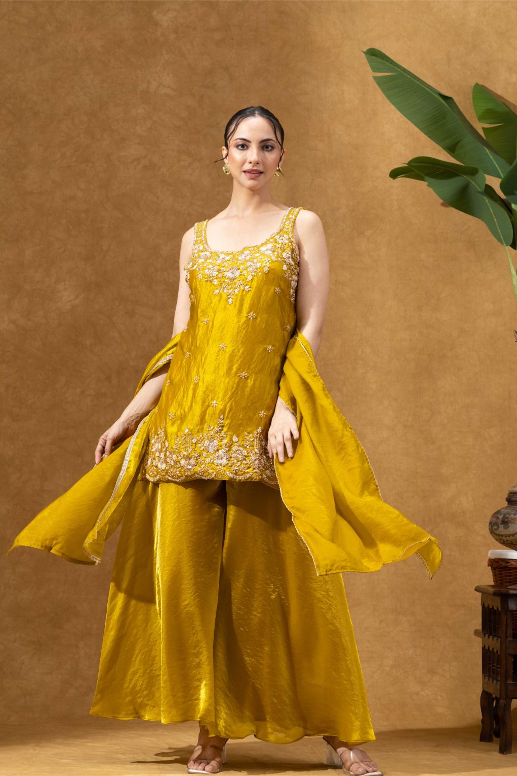 Yellow Embroidered Kurta Palazzo Set
