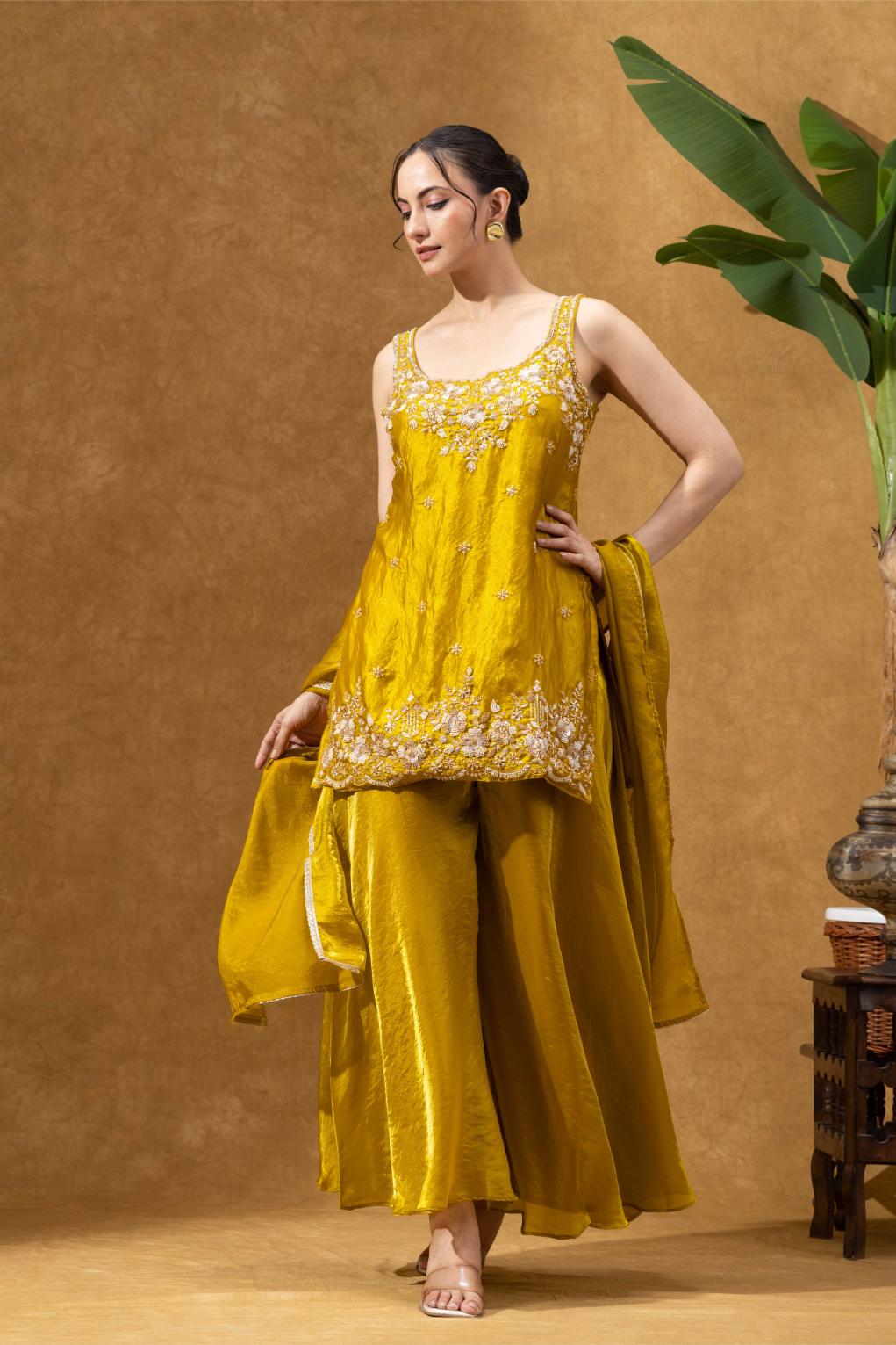 Yellow Embroidered Kurta Palazzo Set