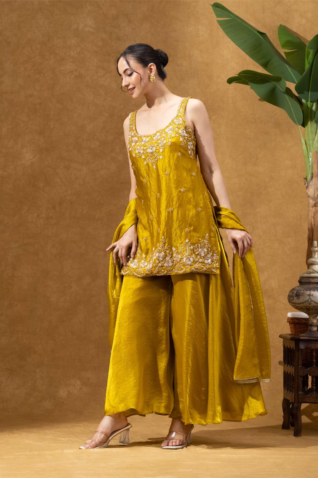 Yellow Embroidered Kurta Palazzo Set