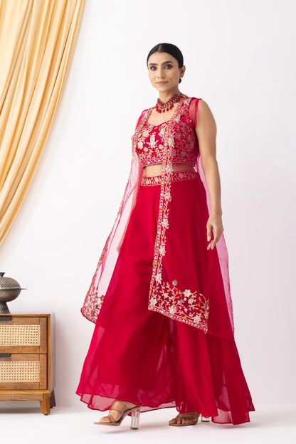 Magenta Pink Embroidered Crop Top &amp; Sharara Set