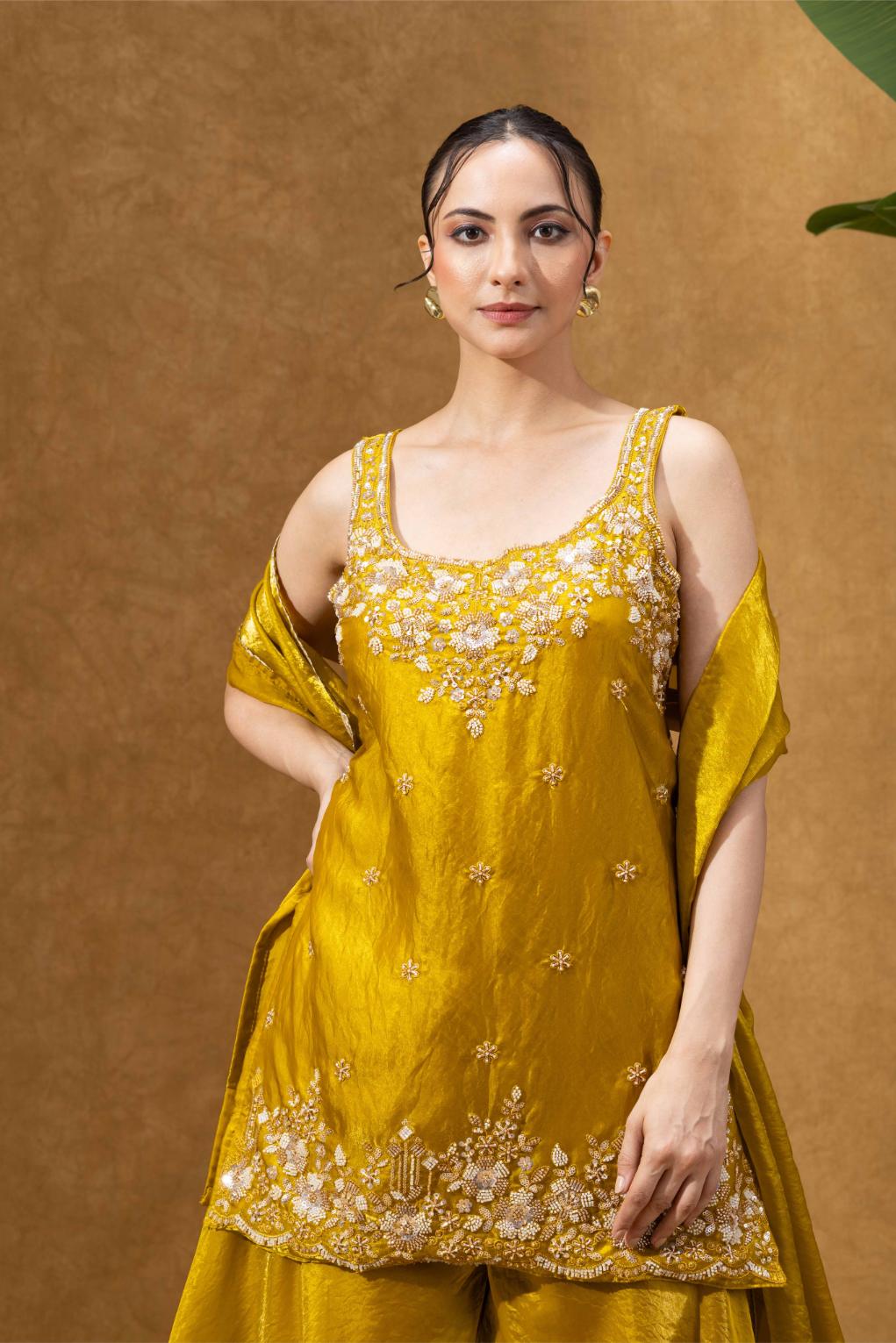 Yellow Embroidered Kurta Palazzo Set