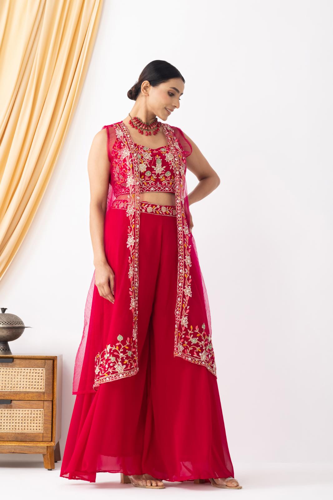 Magenta Pink Embroidered Crop Top &amp; Sharara Set