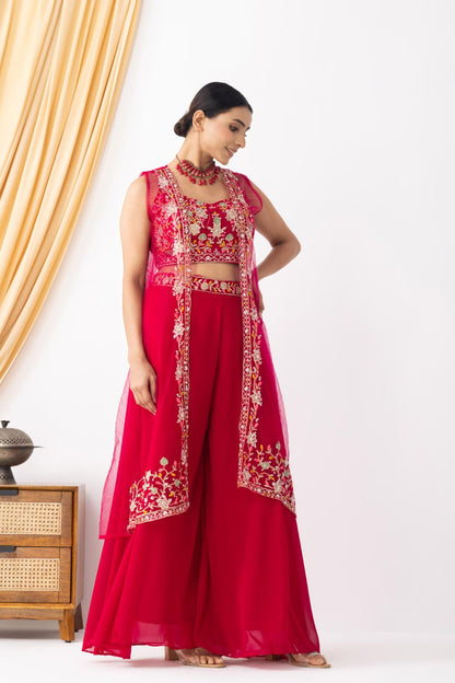 Magenta Pink Embroidered Crop Top &amp; Sharara Set