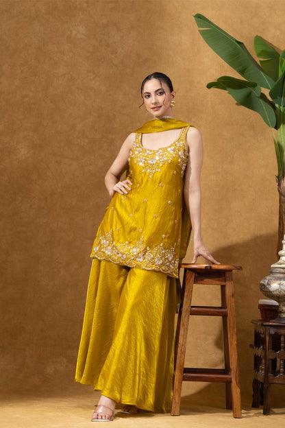 Yellow Embroidered Kurta Palazzo Set