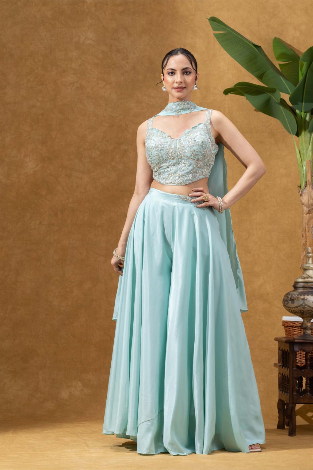 Sky Blue Embellished Corset Sharara Set