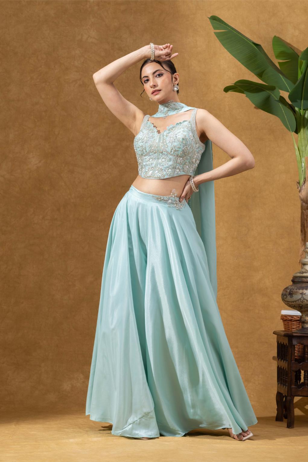 Sky Blue Embellished Corset Sharara Set