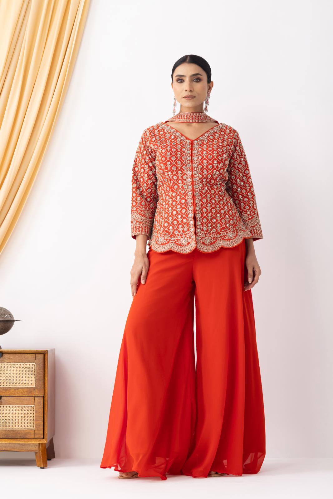 Orange Sharara with Full Embroidered Top &amp; Choker Dupatta