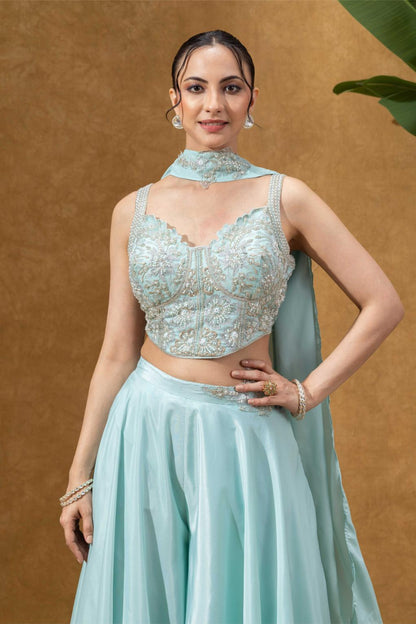 Sky Blue Embellished Corset Sharara Set
